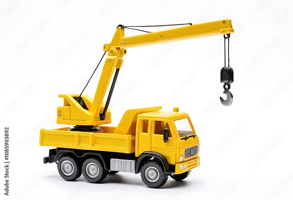 Yellow excavator model on a white background with bucket lift up Yellow excavator model on a white background with bucket lift up