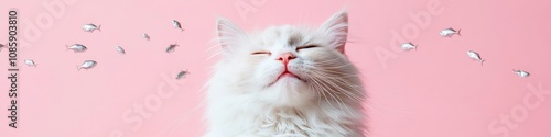 White Fluffy Cat with Closed Eyes on a Pastel Pink Background Surrounded by Floating Silver Fish