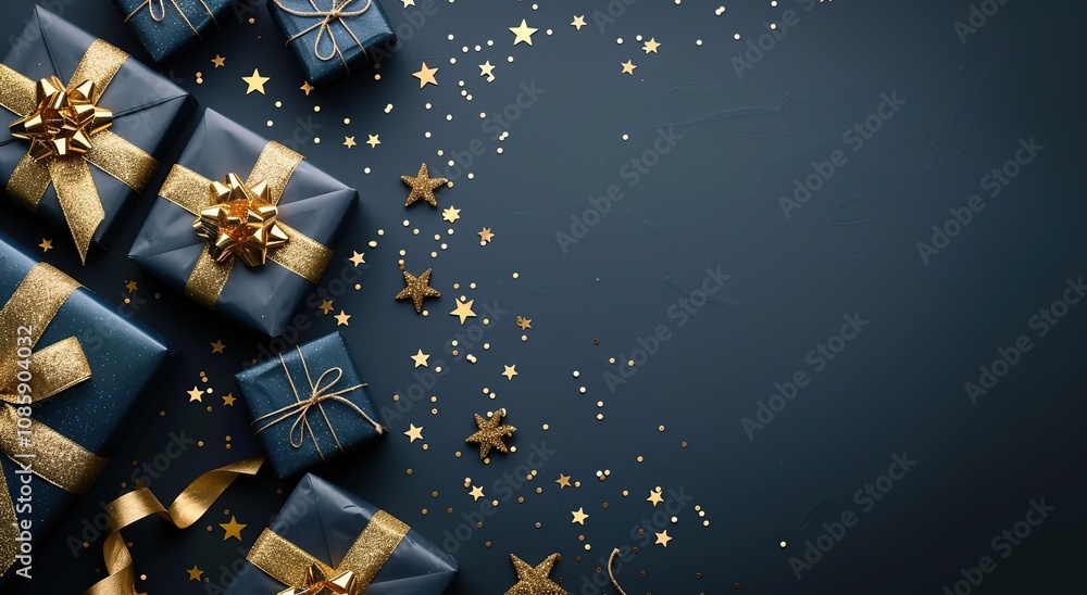 New Year banner. Christmas gift boxes tied with bows, balls, golden decorations. Season's greetings scene perfect for messages or promo. Xmas frame. Gifts on dark blue. Presents with stars, confetti New Year banner. Christmas gift boxes tied with bows, balls, golden decorations. Season's greetings scene perfect for messages or promo. Xmas frame. Gifts on dark blue. Presents with stars, confetti