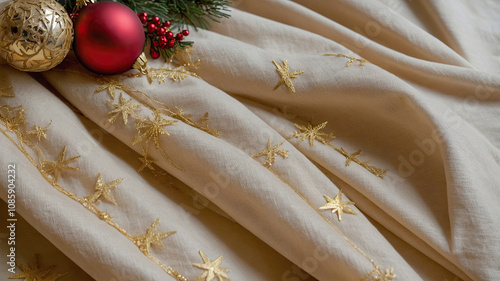 Golden Star Christmas Fabric with Festive Ornaments