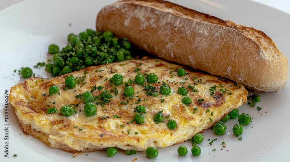 A tasty omelette filled with peas is served with crusty bread for a satisfying breakfast A tasty omelette filled with peas is served with crusty bread for a satisfying breakfast