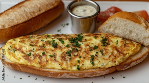 A warm, fluffy omelette is tucked in a soft bread roll, garnished with herbs and served with sauce photo