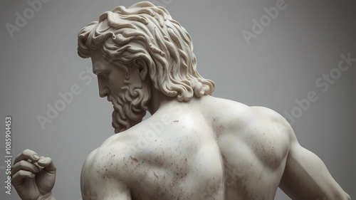 simple muscular  greek god statue with middelparting hair with white boddy with dark backround back position photo