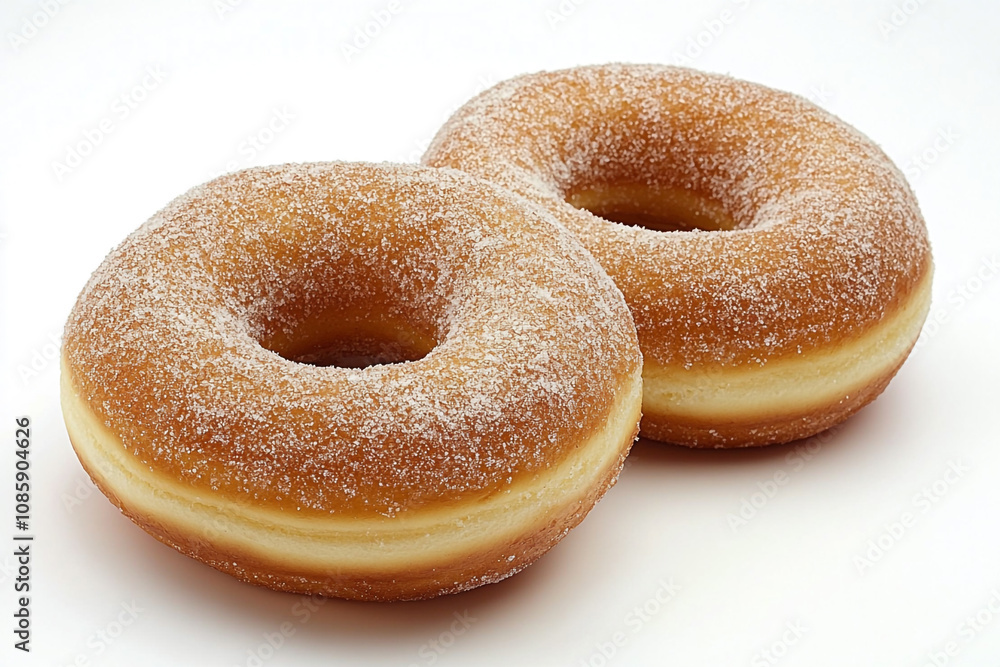 Two Sugar Coated Donuts Resting On White Background Two Sugar Coated Donuts Resting On White Background