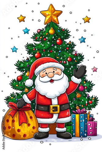 Jolly Santa Claus with Christmas Tree and Presents - Cartoon Illustration