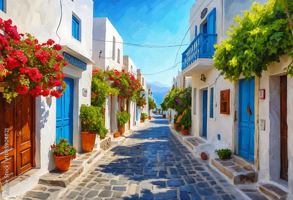 Naklejka premium street of Oia, view of traditional white greek village of Santorini, Greece
