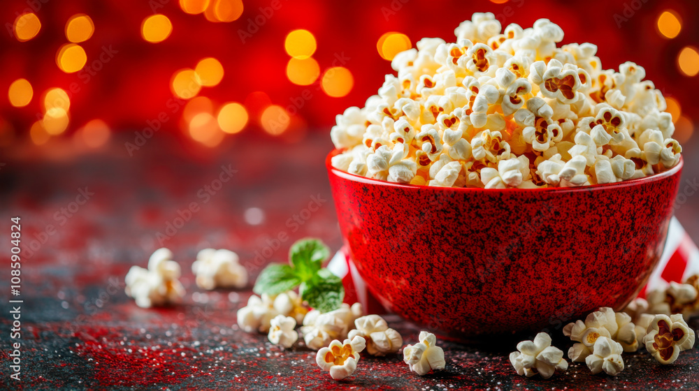 Bowl of freshly popped popcorn with mint leaves on a festive background Bowl of freshly popped popcorn with mint leaves on a festive background
