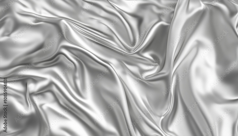 Fototapeta premium Luxurious 3d Silver Silk Fabric And Smooth Metal Foil With Chrome Liquid Wavy Texture. Shiny Gradient Effect In Motion. Rendered Cloth.