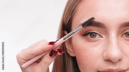 The make-up artist does Long-lasting styling of the eyebrows and will color the eyebrows. Eyebrow lamination. Professional make-up and face care. photo