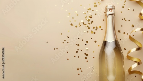 a champagne bottle on the right side, with a gold foil wrapping around the neck and cork. The background is a light beige color. There are gold and black confetti scattered across the left side of the