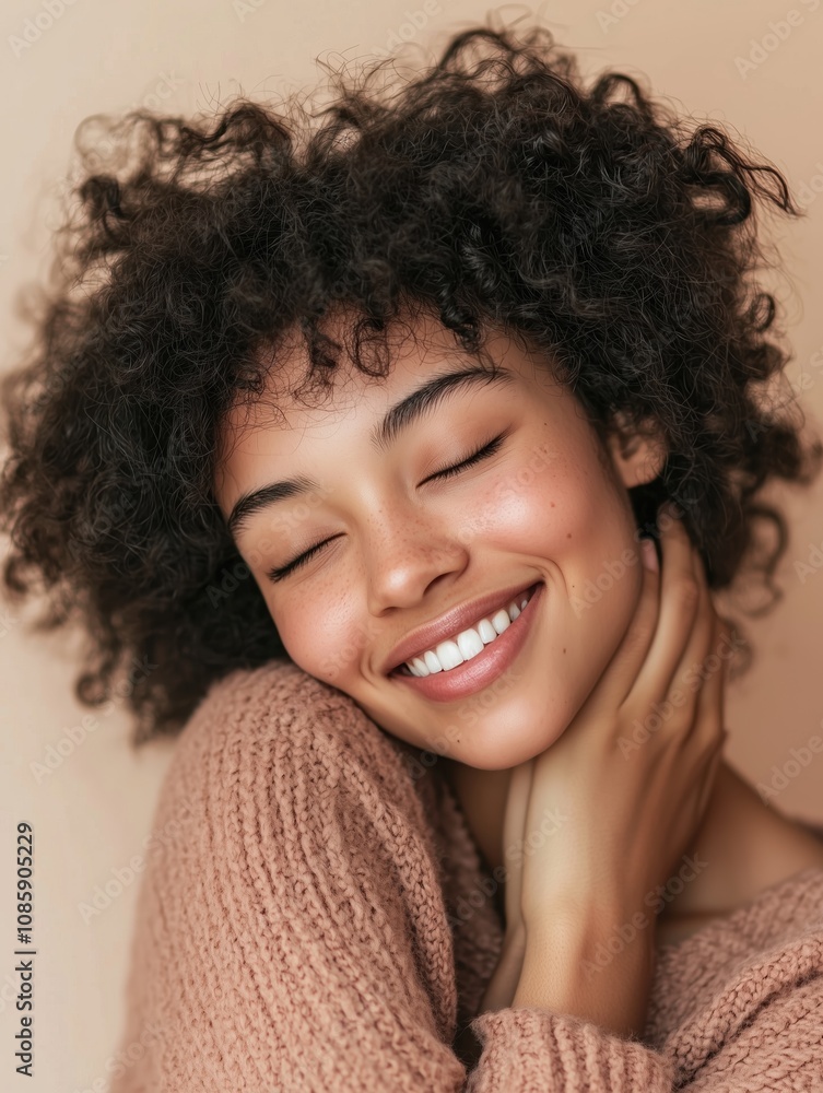Joyful smiling woman portrait studio lifestyle photography natural light happiness