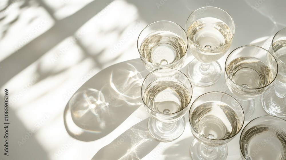 Sparkling Wine Glasses on White Table with Sunlight Shadows. Top View, Summer Party Concept. Sparkling Wine Glasses on White Table with Sunlight Shadows. Top View, Summer Party Concept.