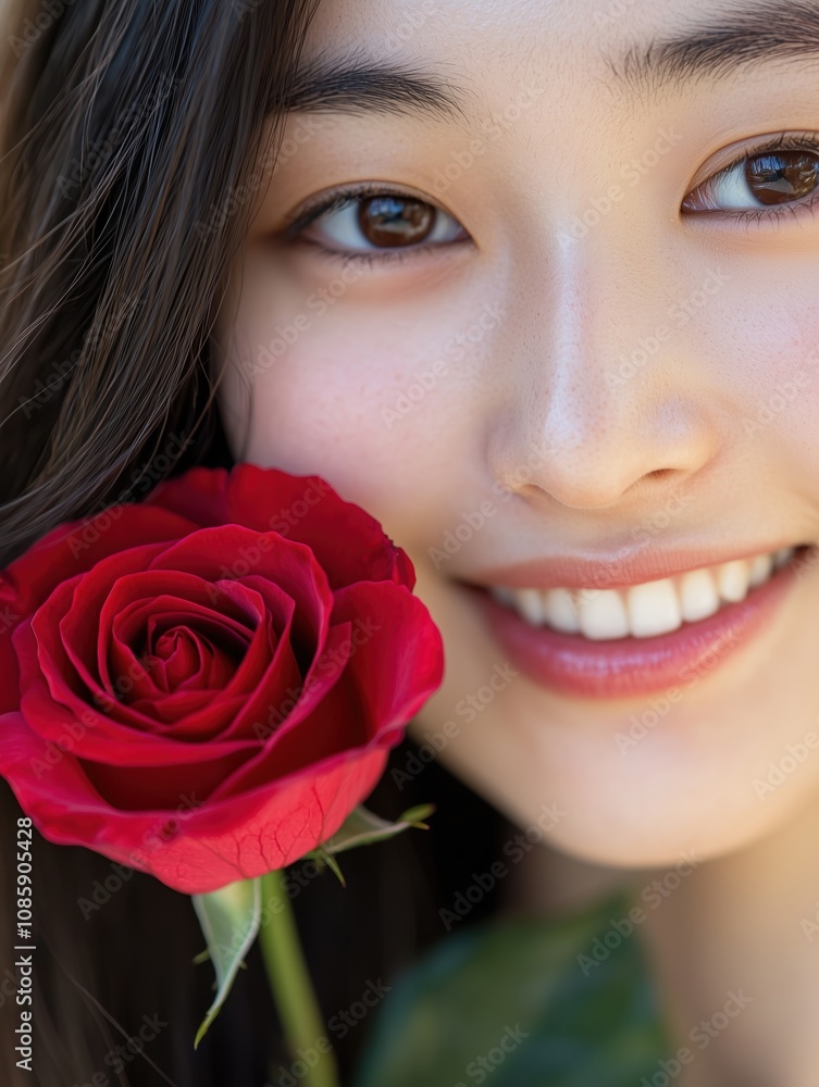 Captivating portrait of a smiling woman with a red rose outdoor garden setting close-up Captivating portrait of a smiling woman with a red rose outdoor garden setting close-up