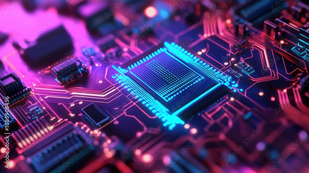 Fototapeta premium Close-up of a glowing blue and red circuit board with a processor chip