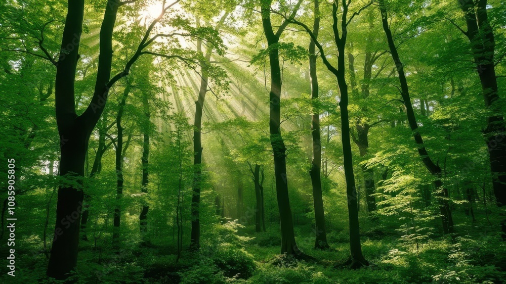 Enchanted forest with rays of light shining through dense green trees, forest, foliage