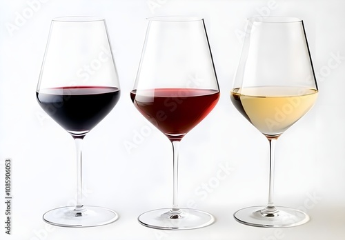 Elegant Display of Three Distinct Wine Glasses with Red and White Wine Against a Clean White Background for Culinary and Beverage Photography