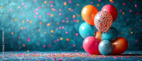 Colorful balloons and confetti on blue background for festive celebration