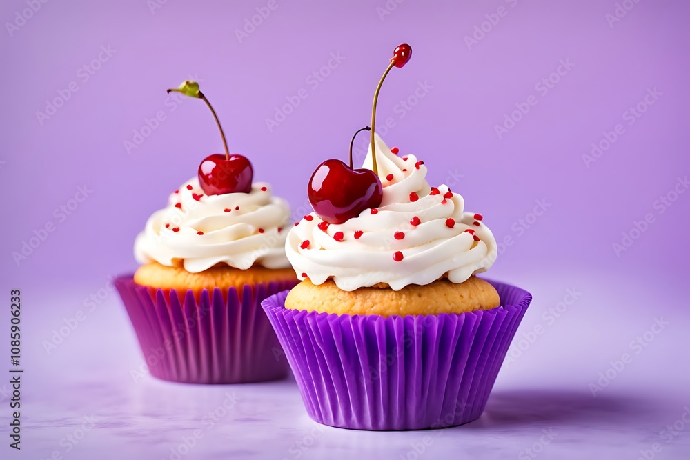 Delicious cupcakes with cream and cherries on red background Delicious cupcakes with cream and cherries on red background