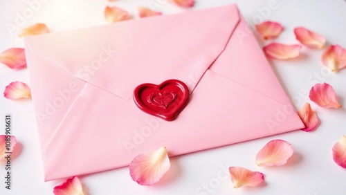 A romantic pink envelope sealed with a red heart wax, surrounded by delicate rose petals in an intimate setting, perfect for expressing heartfelt sentiments