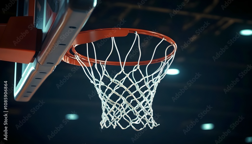 Basketball Hoop in Low Light Setting, Focus on Net and Rim, Perfect for Sports Photography and Illustrations Reflecting Athletic Pursuits and Team Spirit in Various Contexts Basketball Hoop in Low Light Setting, Focus on Net and Rim, Perfect for Sports Photography and Illustrations Reflecting Athletic Pursuits and Team Spirit in Various Contexts