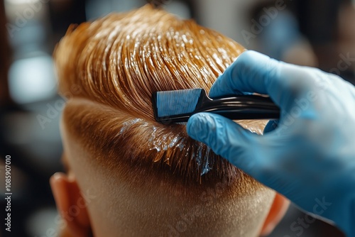 A man is getting his hair cut by a stylist. The stylist is wearing gloves and using a brush to apply hair color to the man's hair