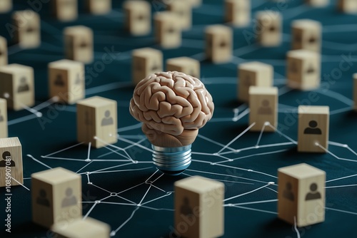 A brain is on top of a light bulb in a room full of people. The people are connected to each other by a web of lines. Concept of a group of people working together and sharing ideas