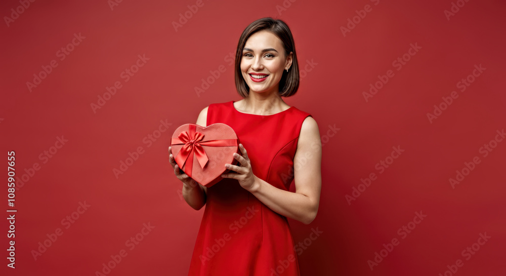 Smiling Woman in Red Dress Holding Heart-Shaped Gift Box Against Red Background. National wear red day Smiling Woman in Red Dress Holding Heart-Shaped Gift Box Against Red Background. National wear red day