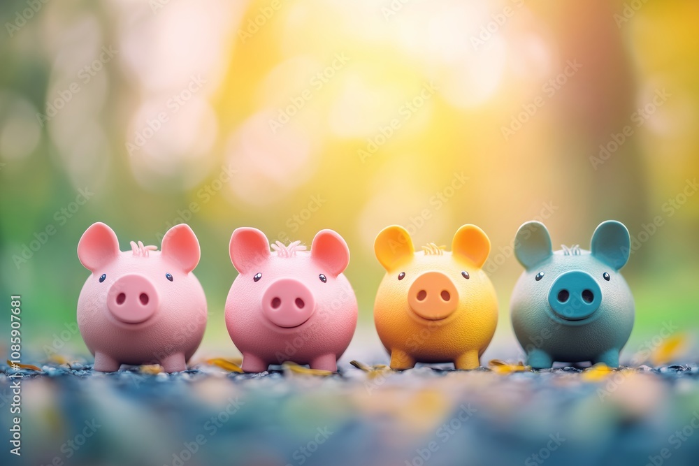 Four small piggy banks are lined up next to each other. The piggy banks are of different colors, with one being pink, one being yellow, one being green, and one being blue Four small piggy banks are lined up next to each other. The piggy banks are of different colors, with one being pink, one being yellow, one being green, and one being blue