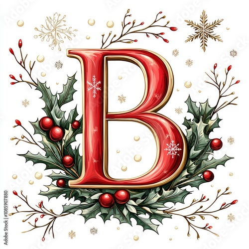 Festive Christmas Letter B with Holly and Berries