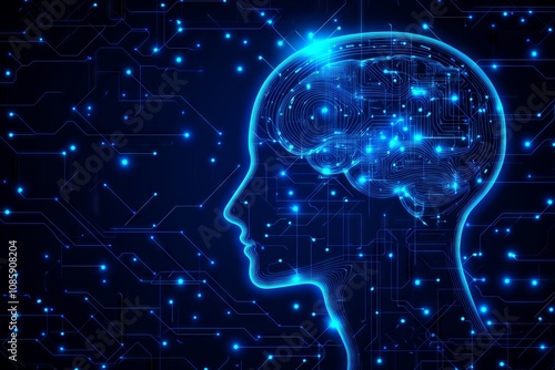 A blue brain with a lot of lights on it. The brain is surrounded by a lot of wires and circuits