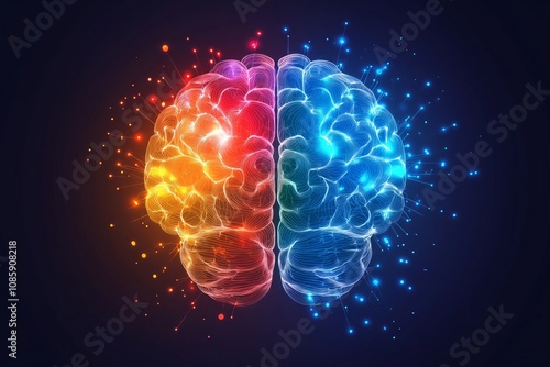 A brain with two different colored halves. The left half is red and the right half is blue