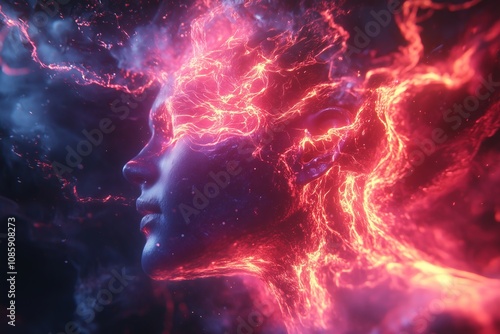 A woman's face is surrounded by a fiery explosion, with her eyes closed and mouth open. Concept of chaos and destruction, as if the woman is being consumed by the flames photo