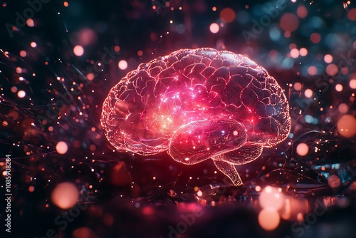 A brain with a red glow surrounding it. The brain is surrounded by a lot of light and it looks like it is glowing
