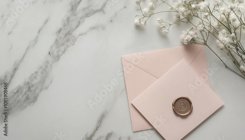 Elegant Wedding Stationery Displayed On Marble Desk: Blank Card Mockup, Pink Envelopes With Wax Seal, Delicate Gypsophila Flowers. photo