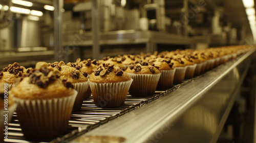 Delicious Nut Topped Muffins Conveyor Belt Bakery Production Line Food Industry