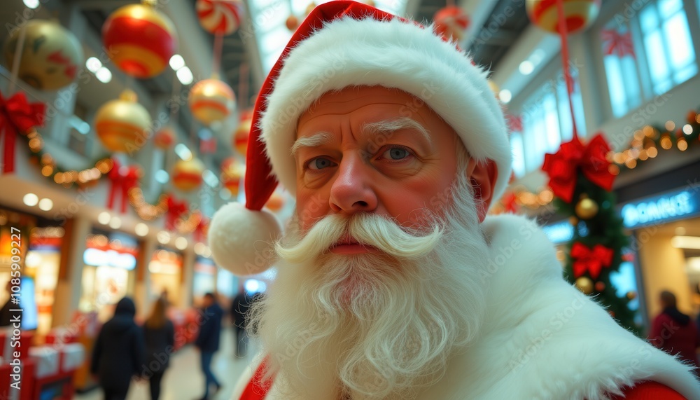 Santa Claus in Shopping Mall with Festive Decorations Santa Claus in Shopping Mall with Festive Decorations