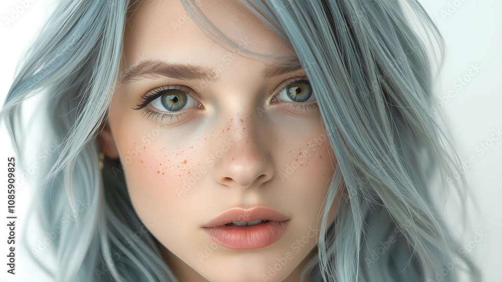 A photo of an extremely beautiful woman with light blue hair and hazel green eyes. She has freckles on her face. The girl is wearing makeup in pastel colors. The background color should be white. The A photo of an extremely beautiful woman with light blue hair and hazel green eyes. She has freckles on her face. The girl is wearing makeup in pastel colors. The background color should be white. The