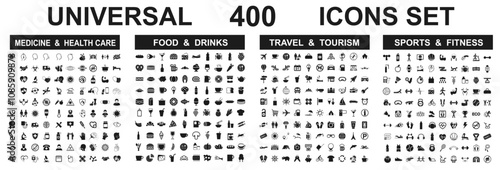 Set 400 icons: medical, food, sport, travel signs collection