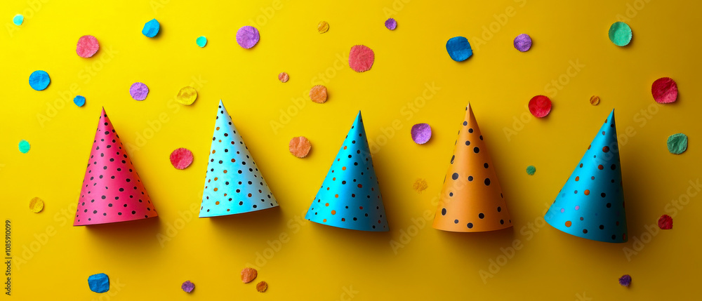 Fototapeta premium Colorful party hats against a yellow background with scattered confetti