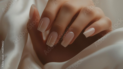 Wallpaper Mural Close-up of a woman's hand with a nude glossy manicure on square-shaped nails, resting on soft satin fabric, showcasing a minimalistic and elegant nail design perfect for refined beauty Torontodigital.ca
