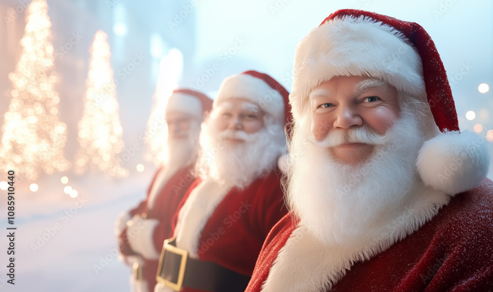 Obraz premium Cheerful Santa Claus figures standing together amidst festive decorations on a snowy evening