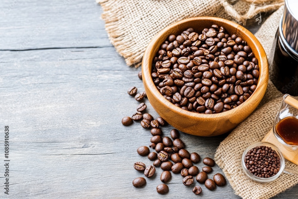 Coffee Beans in Wooden Bowl on Rustic Surface Coffee Beans in Wooden Bowl on Rustic Surface