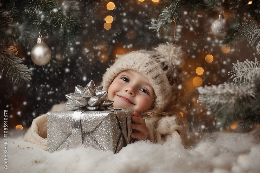 A cheerful child holding a silver gift, standing by a beautifully decorated Christmas tree, embracing the festive spirit. A cheerful child holding a silver gift, standing by a beautifully decorated Christmas tree, embracing the festive spirit.