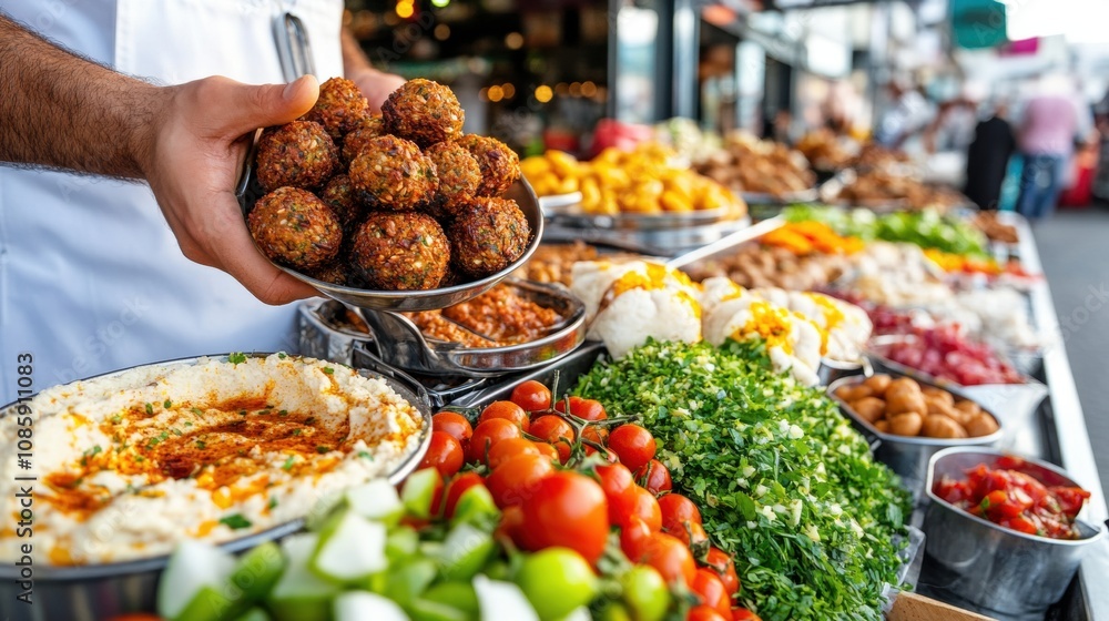 Obraz premium Colorful Street Food with Falafel and Fresh Ingredients