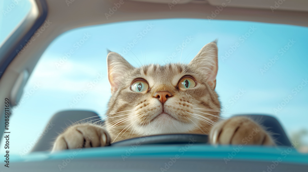 A curious cat takes the driver's seat during a sunny day adventure in a parked car A curious cat takes the driver's seat during a sunny day adventure in a parked car