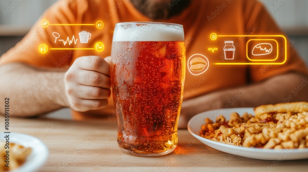 A person holds a large glass of beer beside a plate of food, with digital icons representing health and beverages floating above. A person holds a large glass of beer beside a plate of food, with digital icons representing health and beverages floating above.