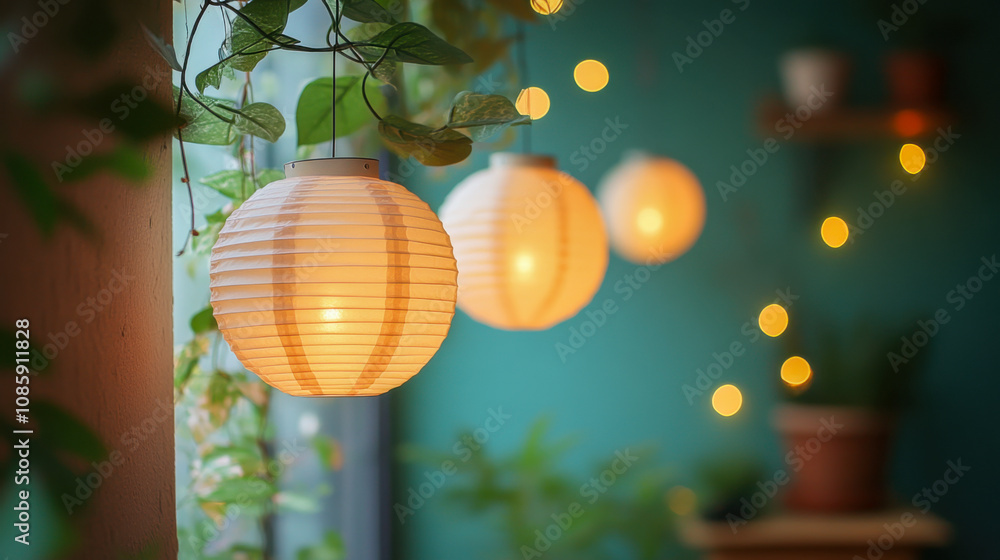Fototapeta premium Cozy outdoor scene featuring glowing paper lanterns and plants at night