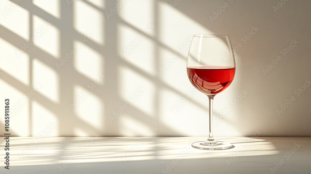 Glass of Red Wine on Table with Window Shadows, Minimalist Still Life, Beverage Photography Glass of Red Wine on Table with Window Shadows, Minimalist Still Life, Beverage Photography