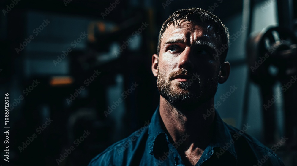 Intense Male Worker in Dark Factory - Portrait of Determined Laborer Amidst Industrial Machinery with Dramatic Lighting Intense Male Worker in Dark Factory - Portrait of Determined Laborer Amidst Industrial Machinery with Dramatic Lighting