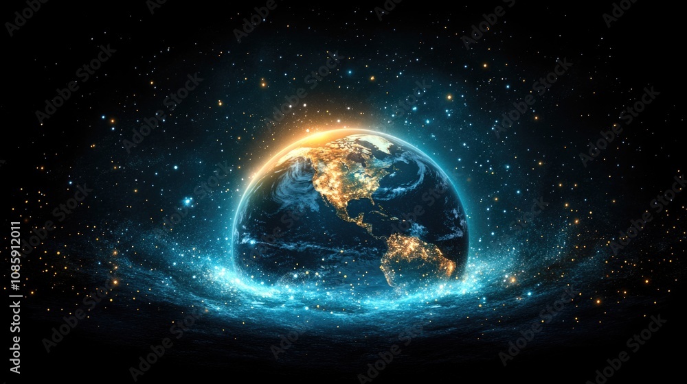 Obraz premium Global solidarity and chaos: illuminated earth in space with stars